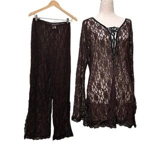 Vintage Twiggy Brown Floral Lace 2 Piece Set Tunic Top and Wide Leg Pants Small